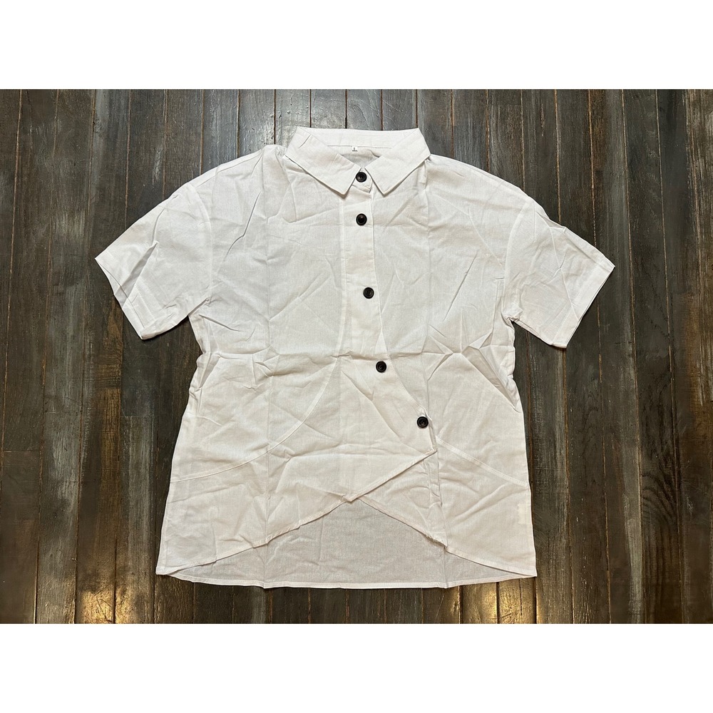 White Cotton Short Sleeve Asymmetrical Button Up Shirt Top